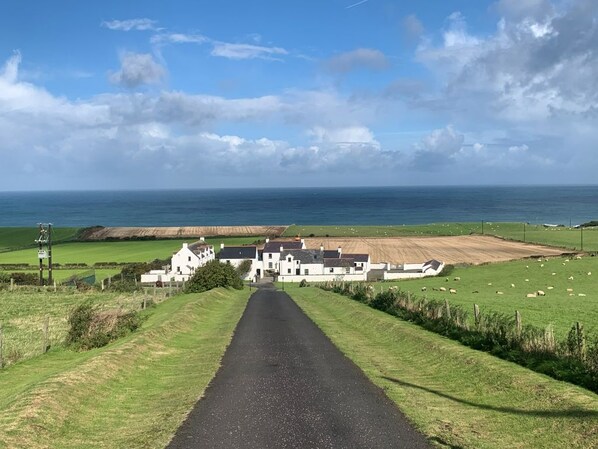 A rural road leading to a white building with multiple rooms, surrounded by fields and a view of the sea.