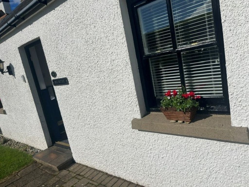 A building with a white exterior, a black door, and a window with blinds. There is a flower box with red flowers on the ledge.
