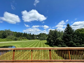 Une terrasse offrant une vue sur une pelouse bien entretenue et des arbres, le tout sous un ciel dégagé.