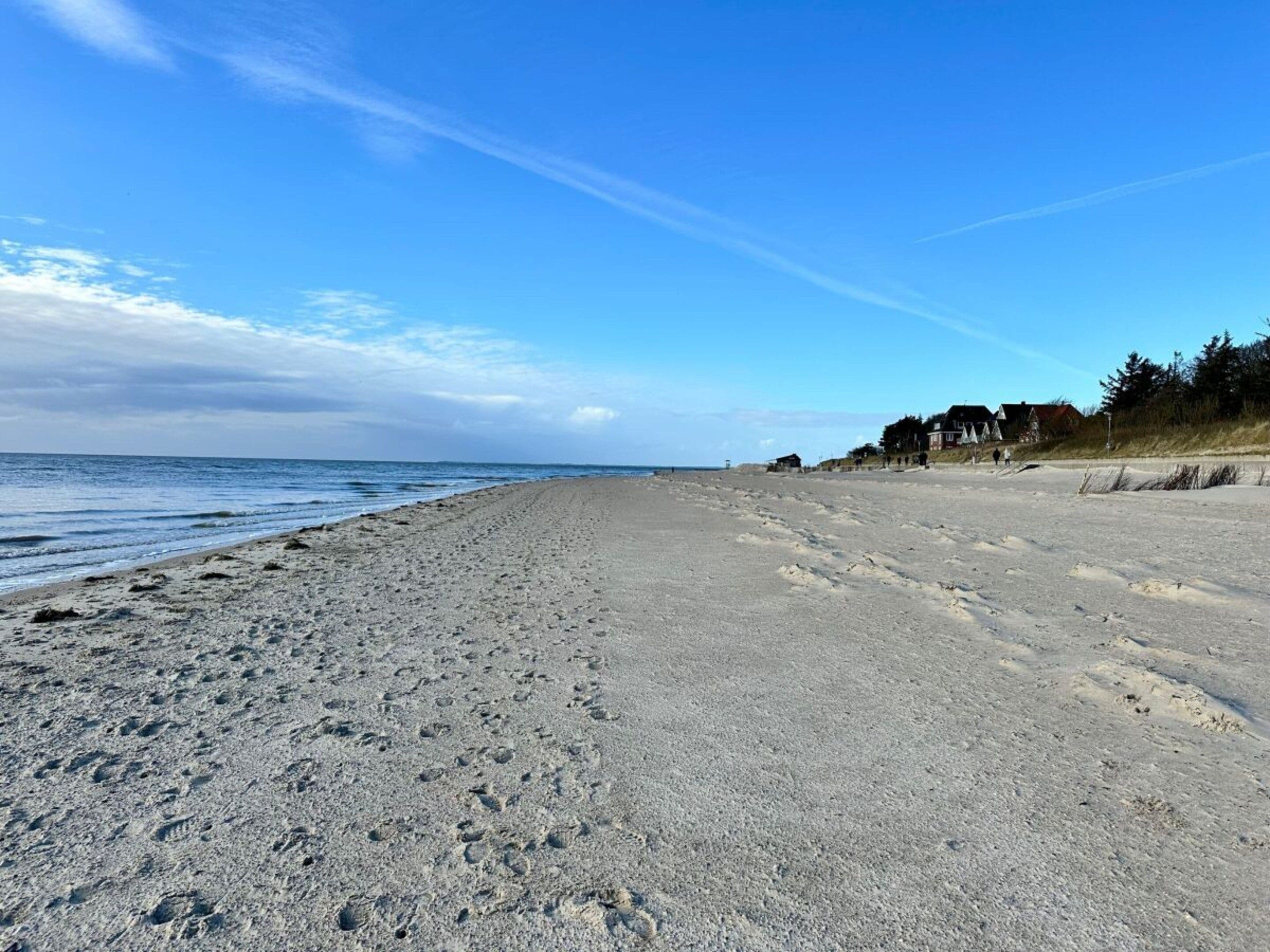 A beach with footprints, a clear sky, and houses in the background.