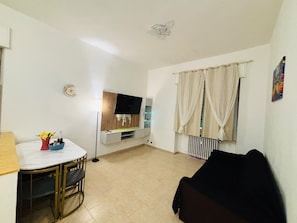 A compact living space with a dining area, a flat-screen TV mounted on a wooden panel, a radiator, and a window with curtains.