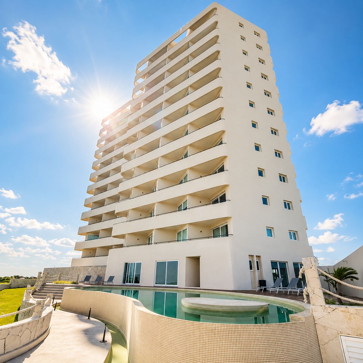 Un hotel de varios pisos con piscina y mobiliario exterior.