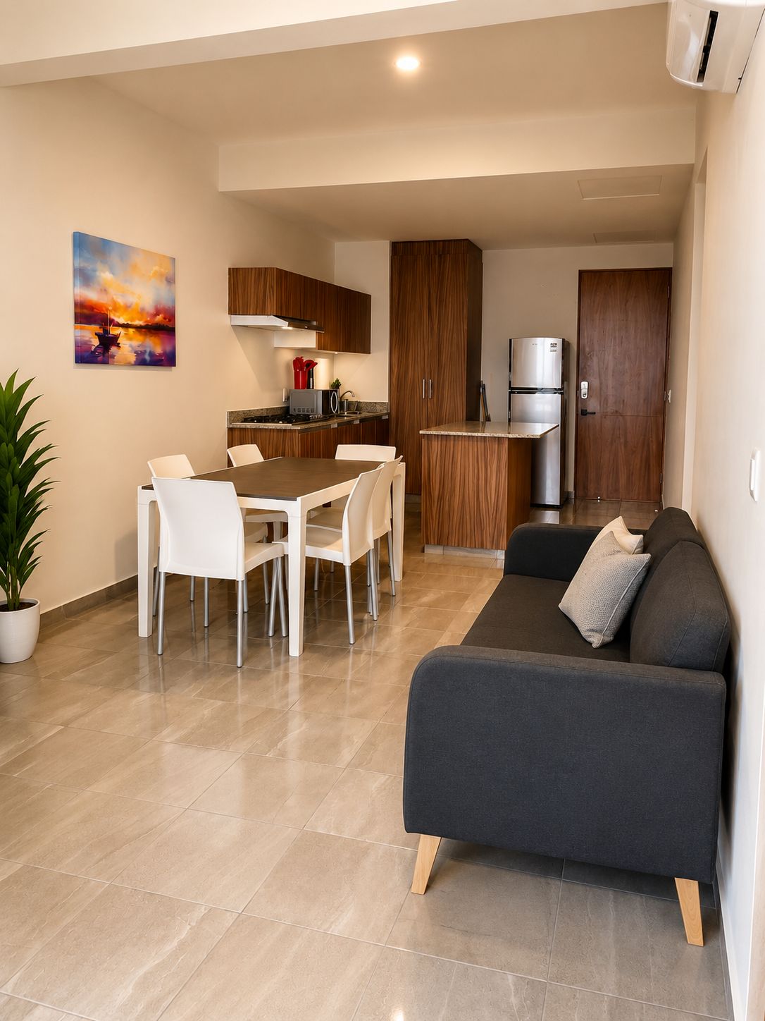 A modern living room with a dark grey sofa, a dining area with white chairs, a kitchen with wooden cabinets, and a painting on the wall.