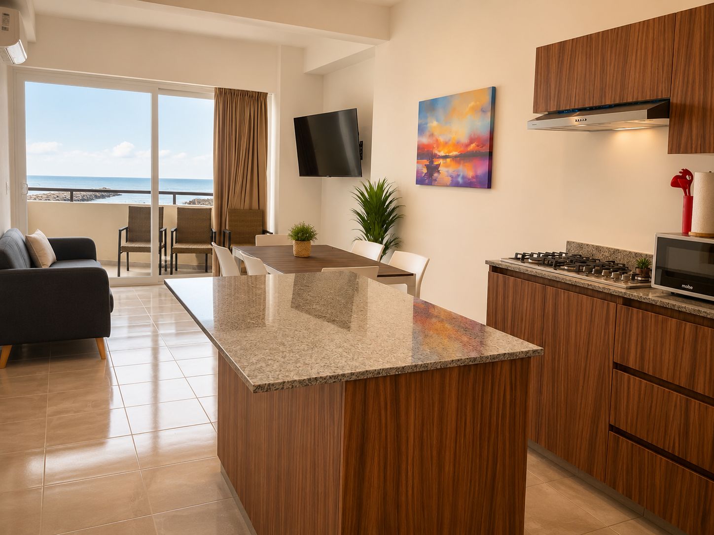 A modern kitchen with a central island, a dining area with chairs, a TV mounted on the wall, and a view of the ocean through the sliding glass door.