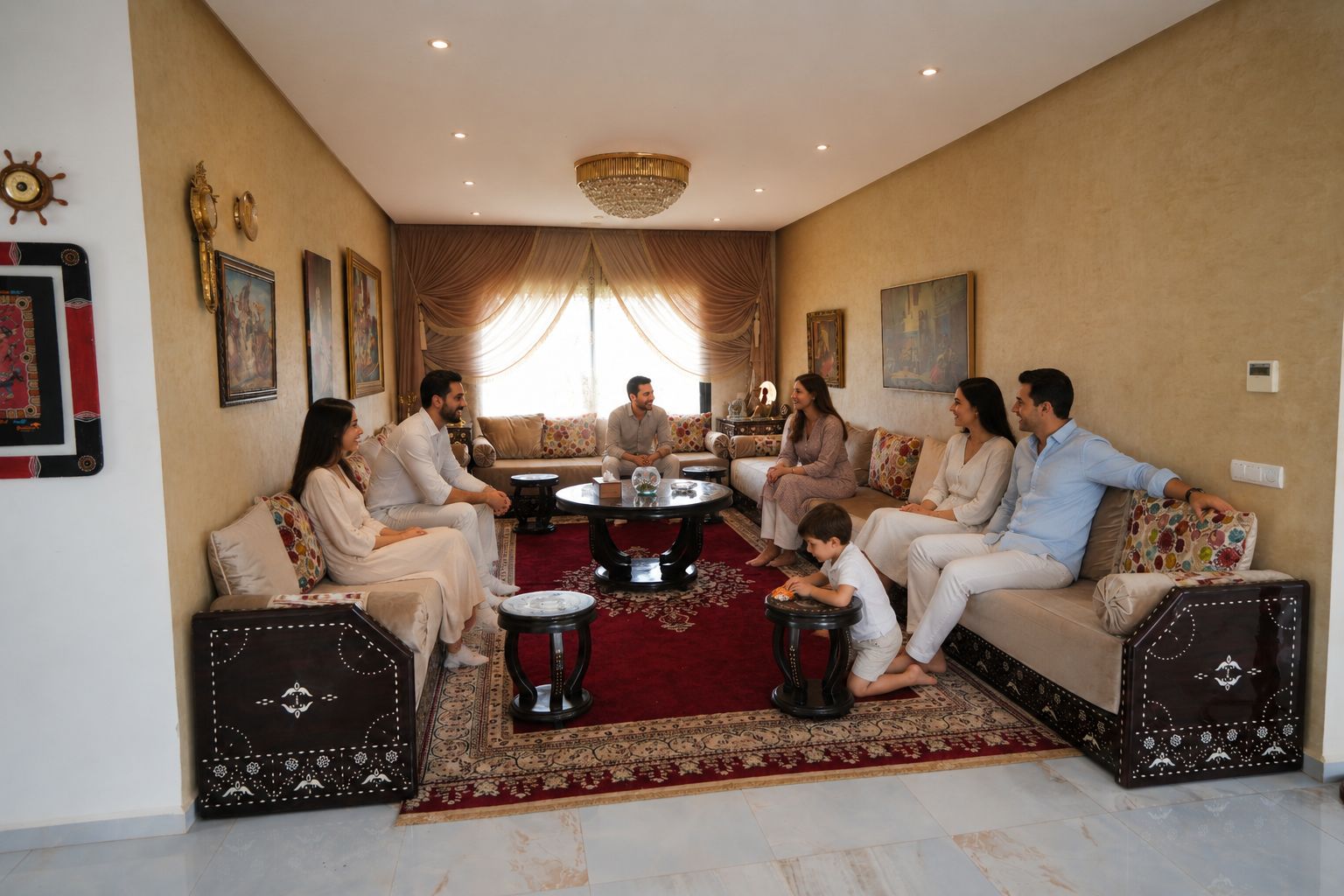 Une famille se trouve dans un salon bien éclairé, agrémenté d’un lustre, de canapés, d’une table basse et d’un tapis à motifs.