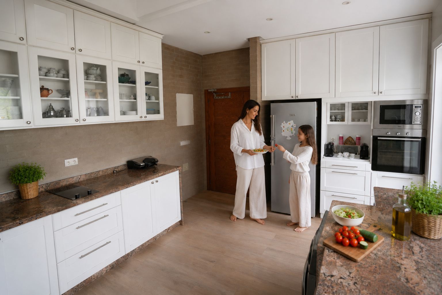 Une cuisine moderne avec des meubles blancs, un four encastré et un réfrigérateur.