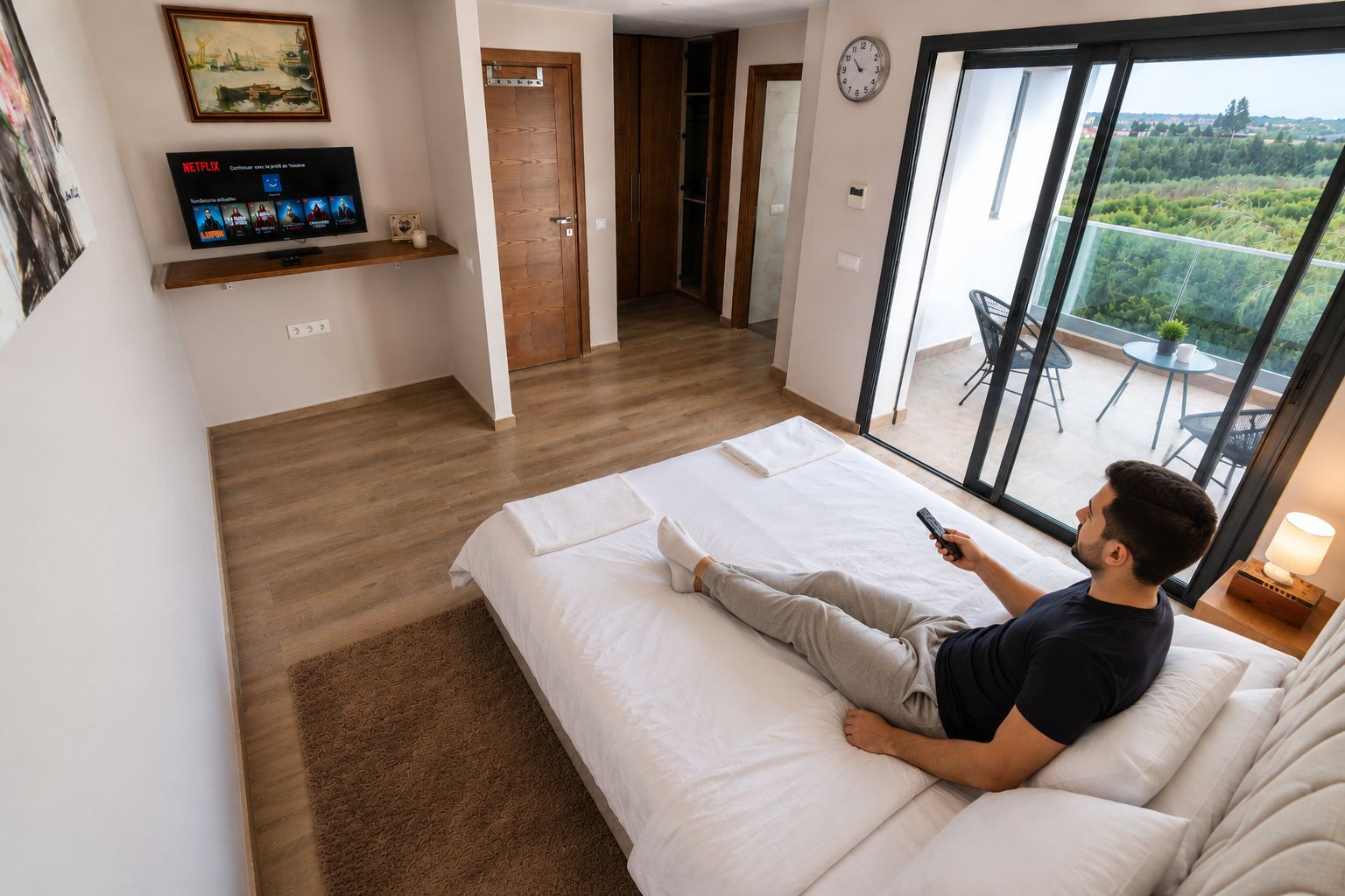 Une chambre d’hôtel moderne dotée d’un grand lit, d’un téléviseur fixé au mur et d’un balcon avec vue.