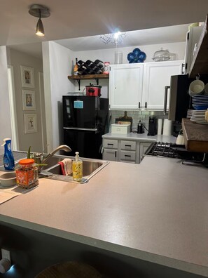 A kitchen with a refrigerator, stove, sink, and various kitchen items. - Mountain Aloha in a magical location on the Eagle River (Edwards)
