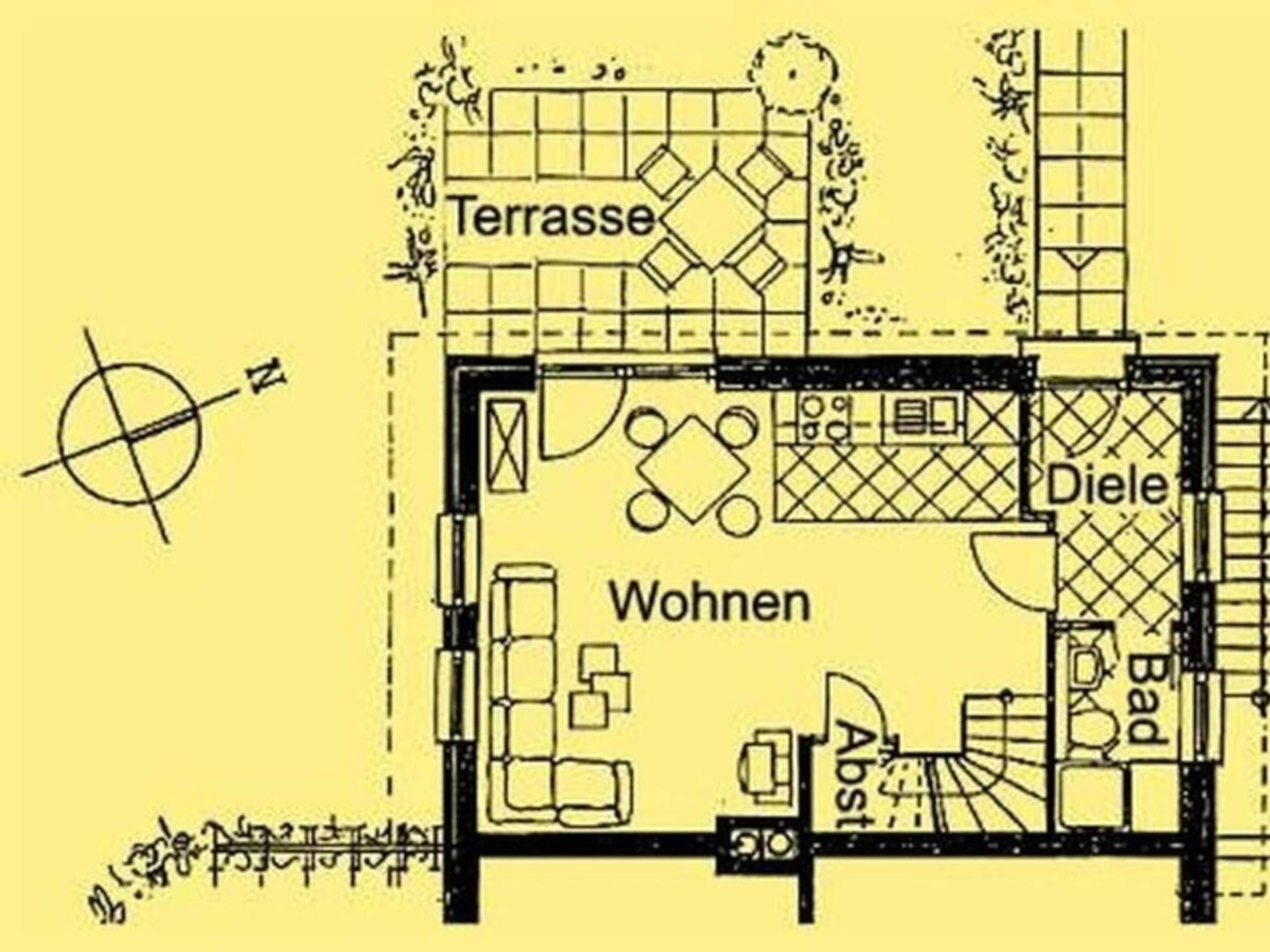 Un plan d’étage avec les pièces identifiées : « Terrasse », « Salle à manger », « Salon » et « Salle de bain ».