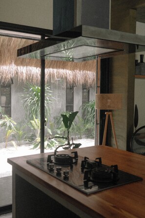 A modern kitchen with a gas stove, a wooden countertop, and a view of tropical plants through large windows. - Spacious 3-bedroom house with AC's in every room near all beaches & restaurants (DAUIS)