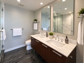 Un bagno moderno con lavabo doppio, servizi igienici, doccia e un ampio specchio.