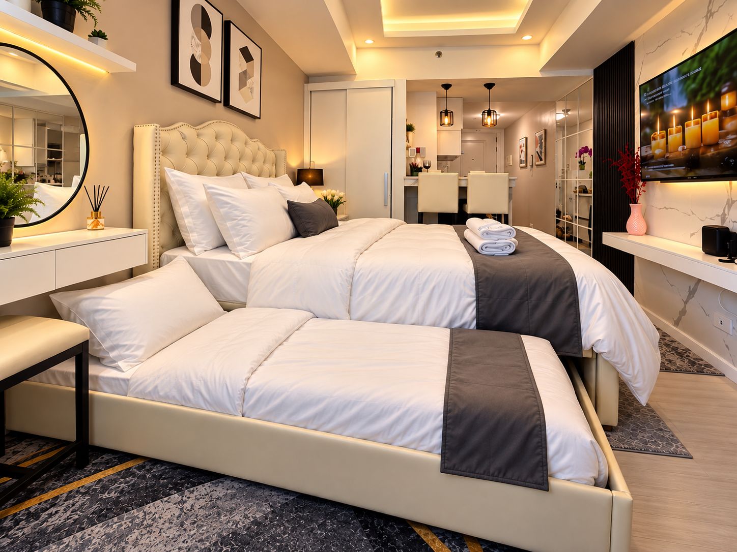 Een moderne slaapkamer met een groot bed, nachtkastjes, een spiegel en een televisie.