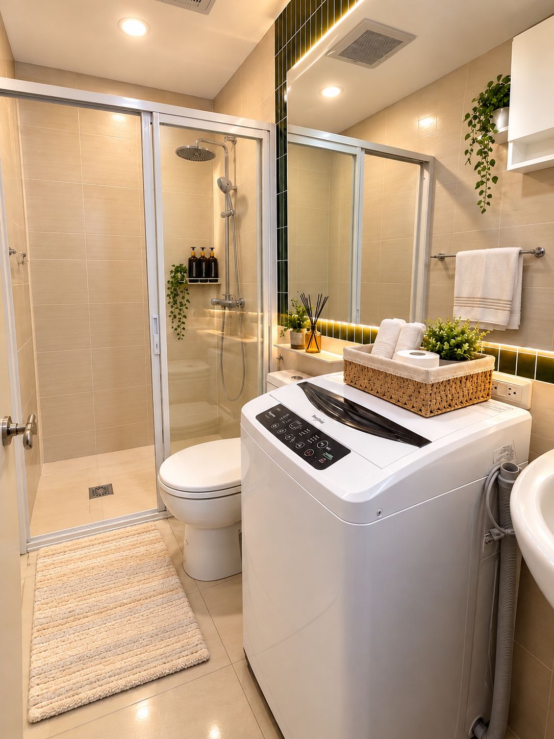 Een moderne badkamer met een douche met glazen wand, toilet, wasmachine en wastafel.