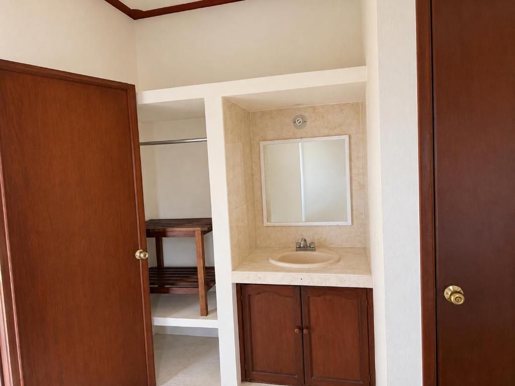 A bathroom with a wooden door, a sink, a mirror, and a cabinet.