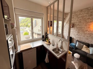 Eine kleine Küche mit großem Fenster, integriertem Geschirrspüler und einer Steinwand.