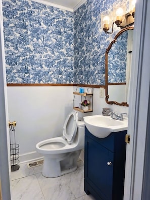 Un baño con inodoro, lavabo, espejo y papel tapiz con estampado floral azul.