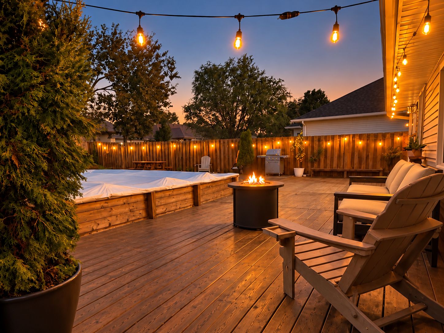 Une terrasse en bois avec un foyer, des sièges d’extérieur et des guirlandes lumineuses.