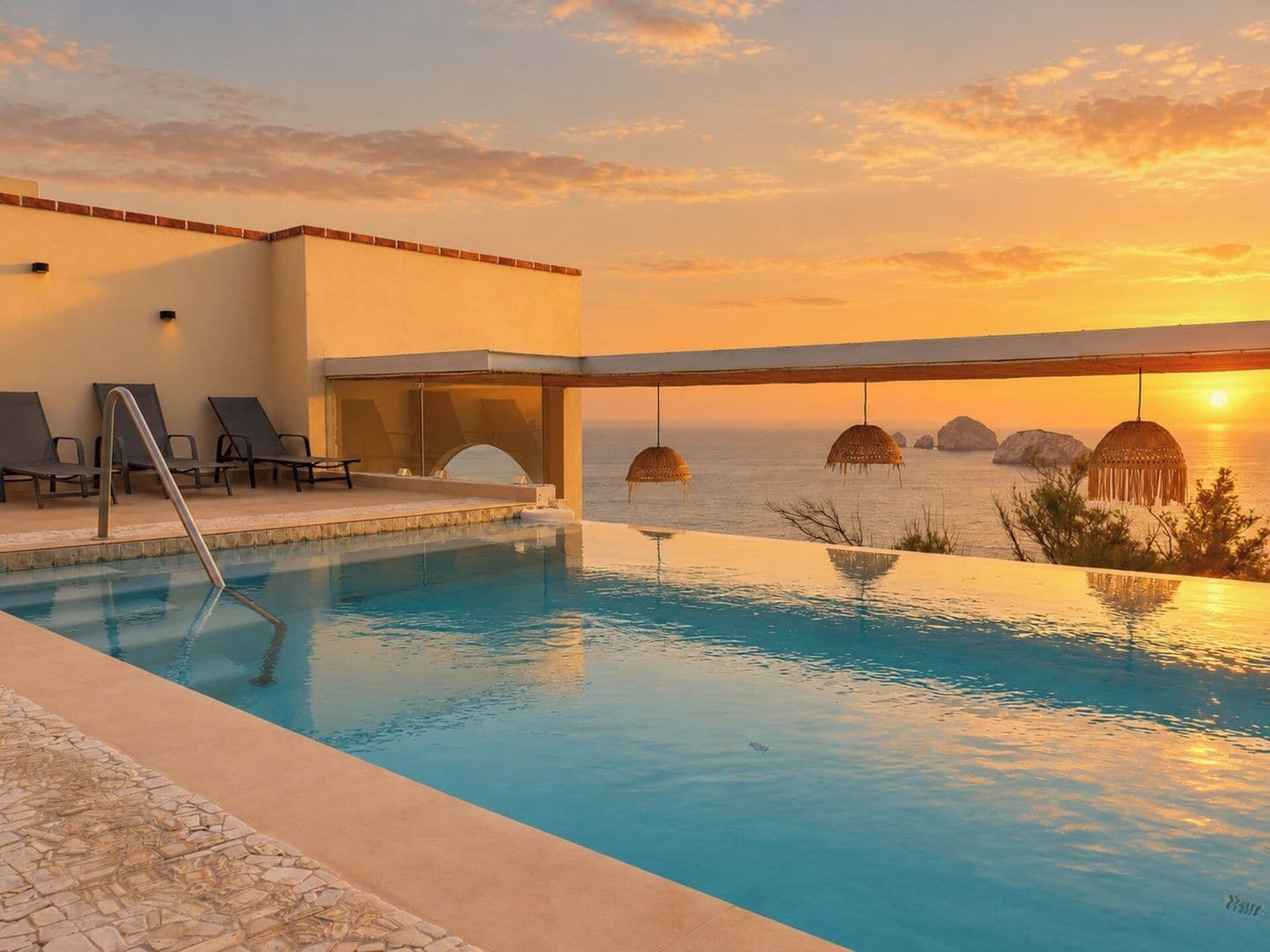 Une piscine à débordement offrant une vue sur l’océan au coucher du soleil, des chaises longues et une façade de bâtiment moderne.