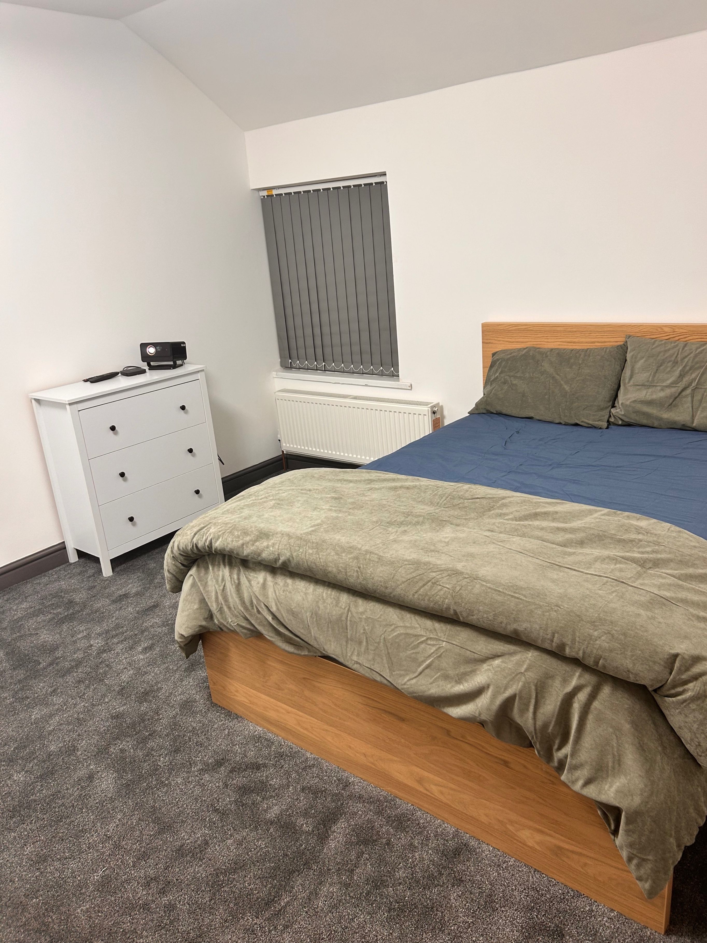 A bedroom with a bed, a dresser, a radiator, and a window with blinds.