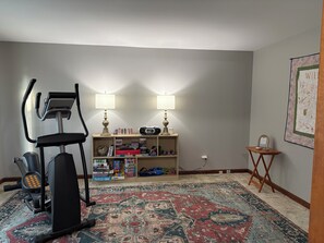 Ett hemmagym med träningsutrustning, en bokhylla med böcker och spel och en mönstrad matta.