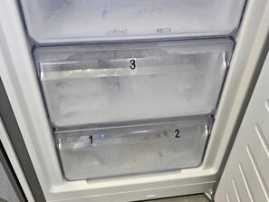 A refrigerator with two transparent drawers, labeled 1 and 2, and a third drawer labeled 3. - Private Stay With Terrace, Madrid (Madrid)