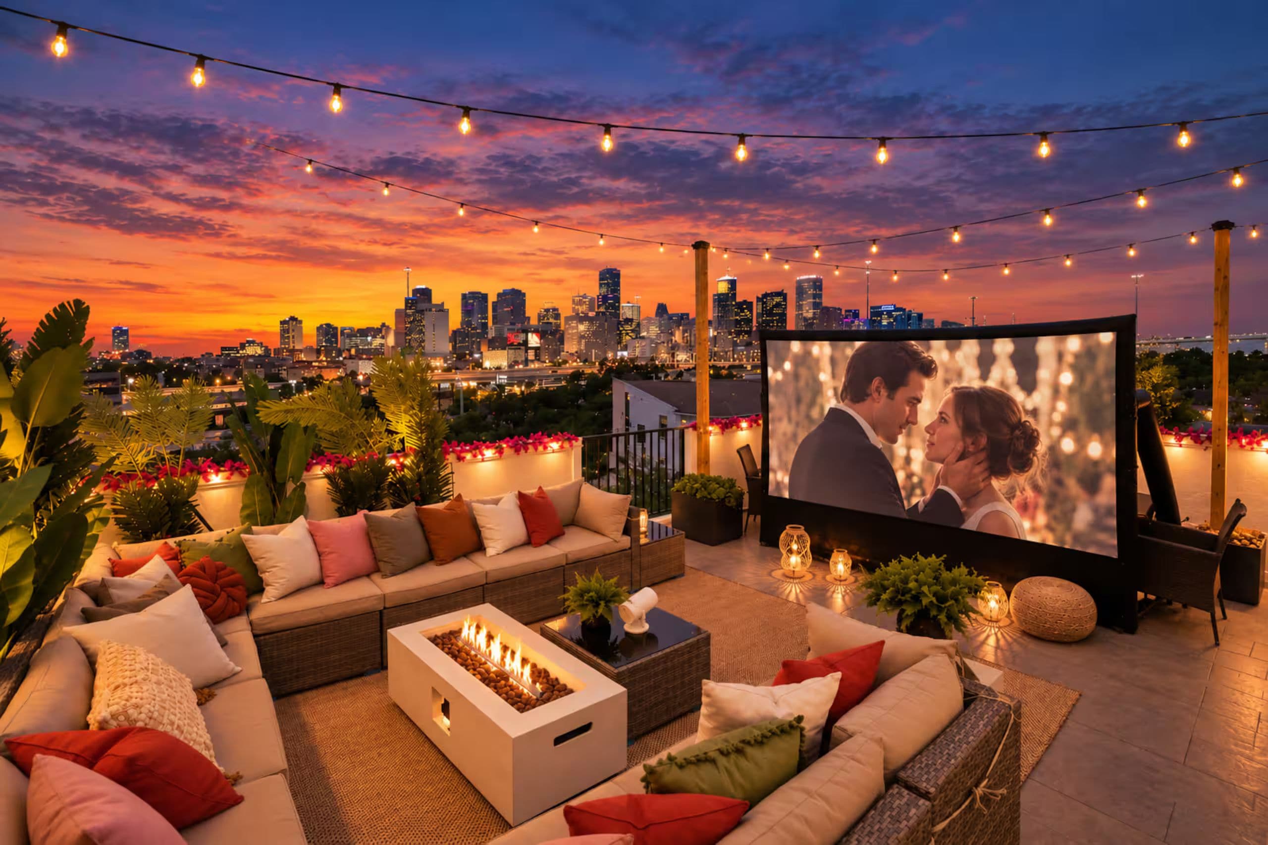 An outdoor seating area with a fire pit, a sofa, and a large screen for viewing.