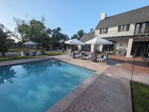 A swimming pool with lounge chairs and umbrellas, surrounded by a brick patio and a house with a large window. - Quiet 1-bdrm guest house on 2.5 Acre private gated estate in Central Phoenix (Phoenix)