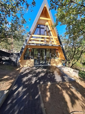 A triangular wooden structure with a glass entrance, surrounded by trees. - Cabana Din Poiana, Poina Marului (Poiana Marului)