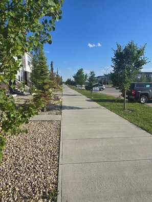 Une rue résidentielle bordée d’un trottoir, d’arbres et où est garé un VUS.