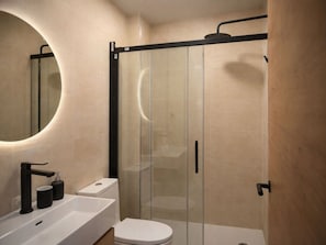 Un baño moderno con ducha envuelta en vidrio, un lavamanos blanco y un inodoro.