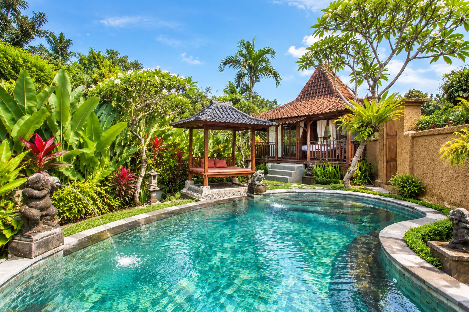 Una piscina cristalina con un pabellón y escalones que conducen a un área techada, rodeada de exuberante vegetación y plantas tropicales.