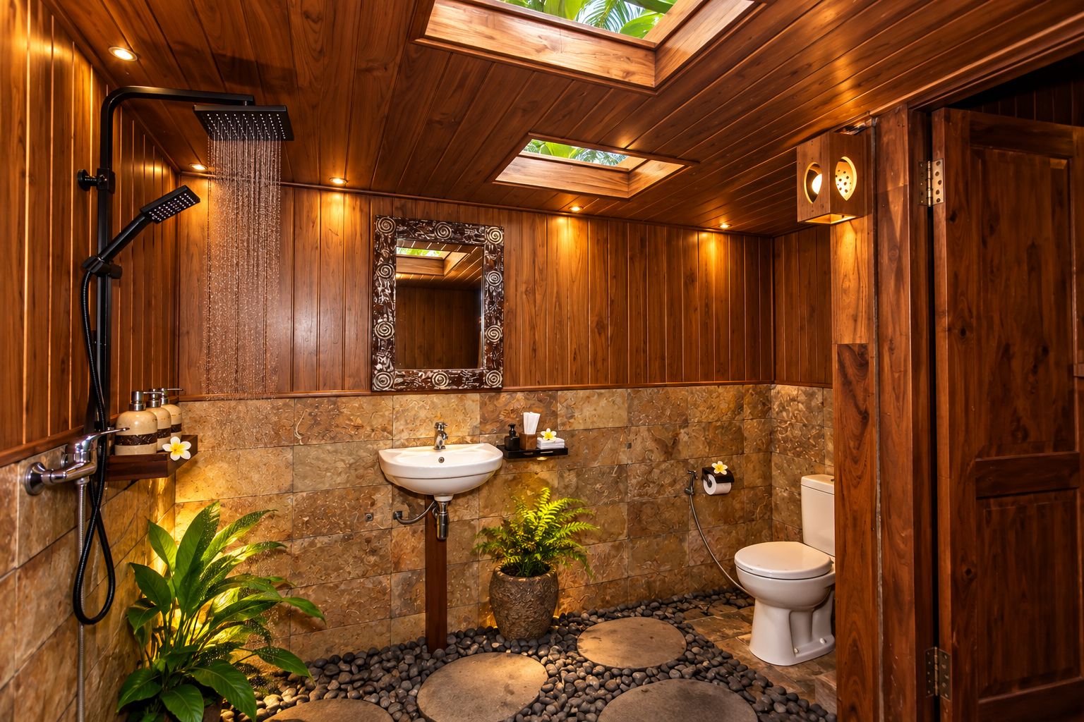 Un baño de madera con tragaluz, un lavamanos, un inodoro y plantas decorativas.