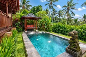Una piscina con muelle de madera y un pabellón, rodeada de abundante vegetación y palmeras.