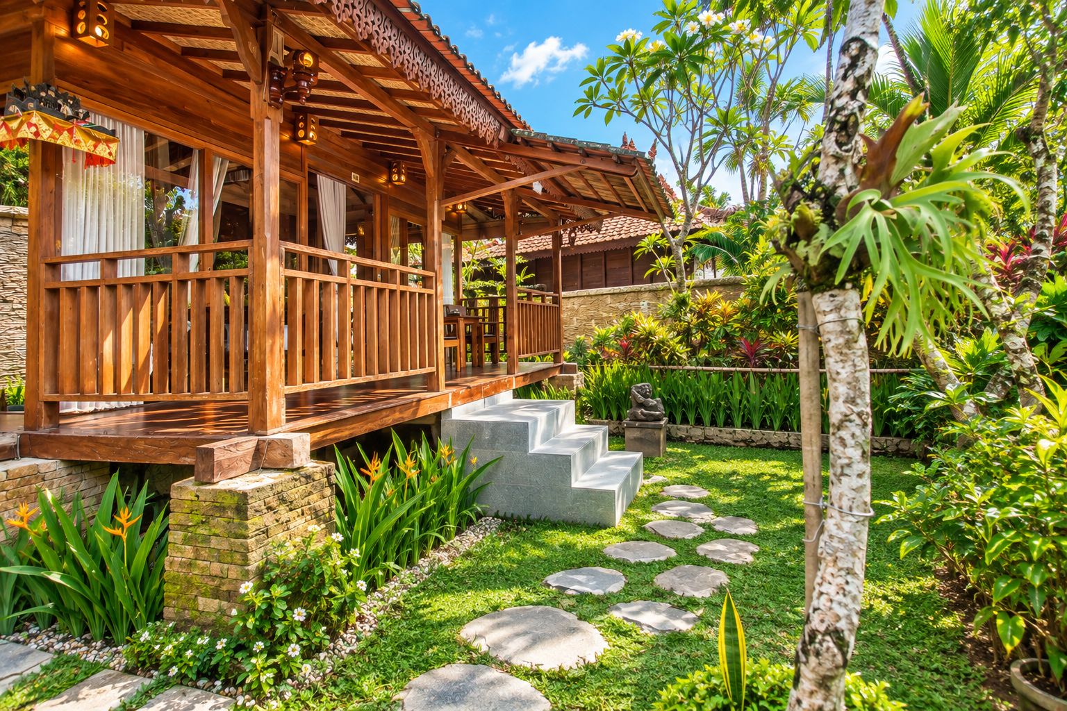 Una casa de madera con un porche, escalones de piedra y un jardín con plantas tropicales.