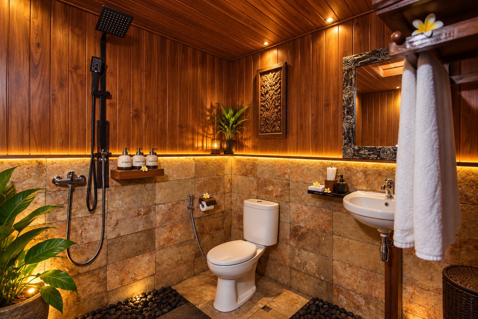 Une salle de bain avec douche, toilettes, lavabo et murs recouverts de panneaux en bois.