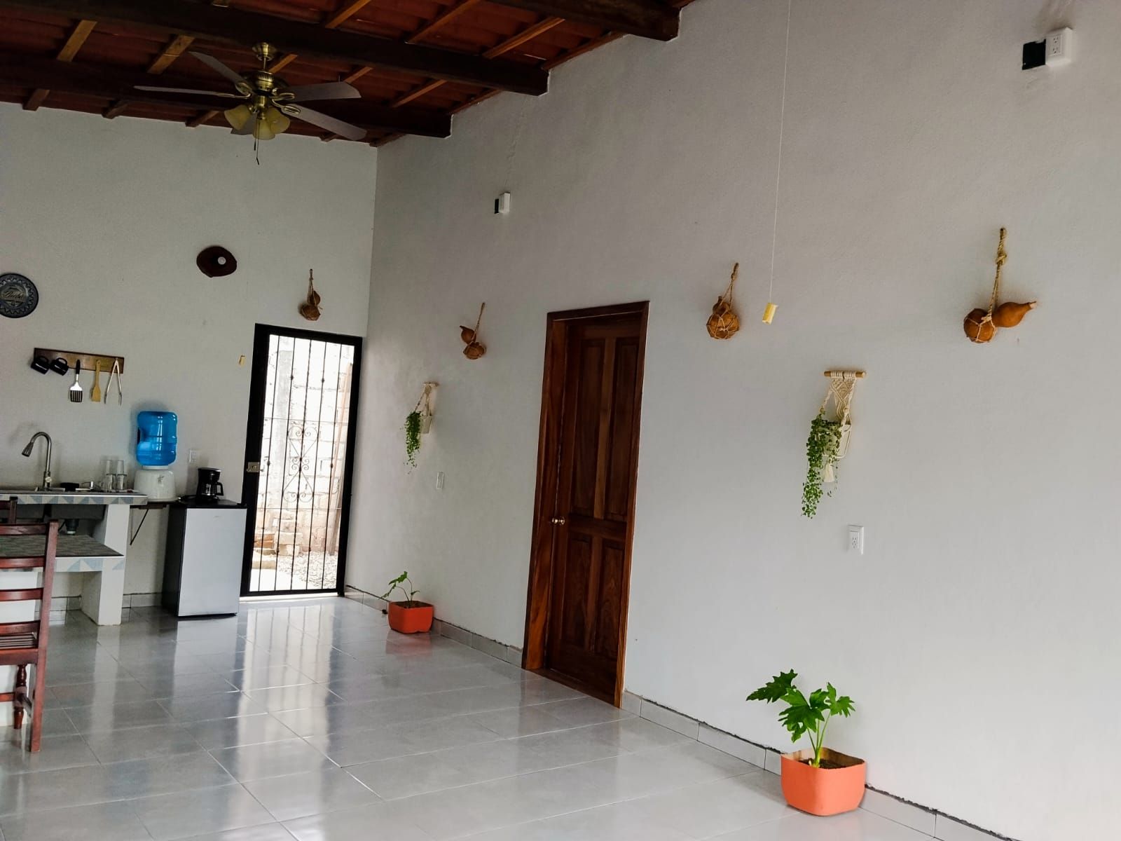 Une pièce spacieuse avec un sol carrelé, une porte en bois et plusieurs plantes en pot.