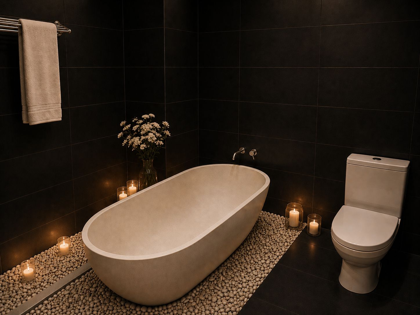 A modern bathroom with a freestanding bathtub, a toilet, and a towel rack.