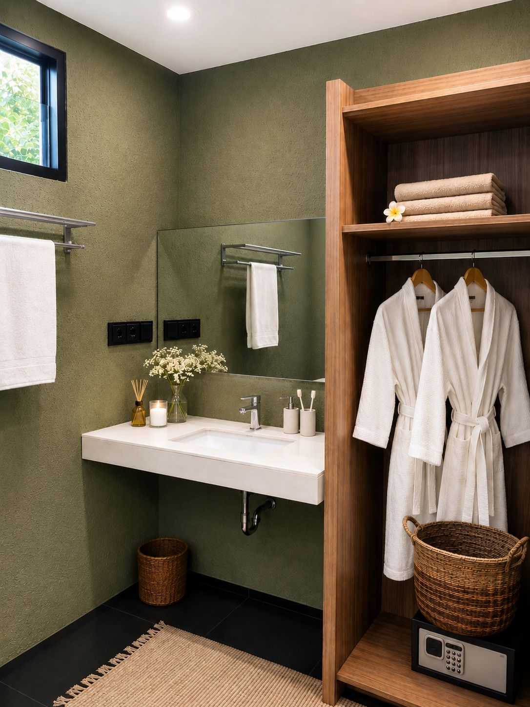 Een badkamer met een witte wastafel, een spiegel, een handdoekhouder, een houten plank met handdoeken en badjassen, een rieten mand en een klein elektronisch apparaat op een plank.