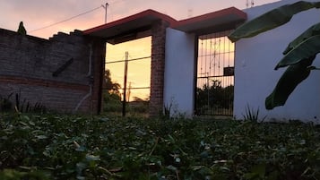 A residential property with a brick wall, a metal gate, and a white wall with a window.
