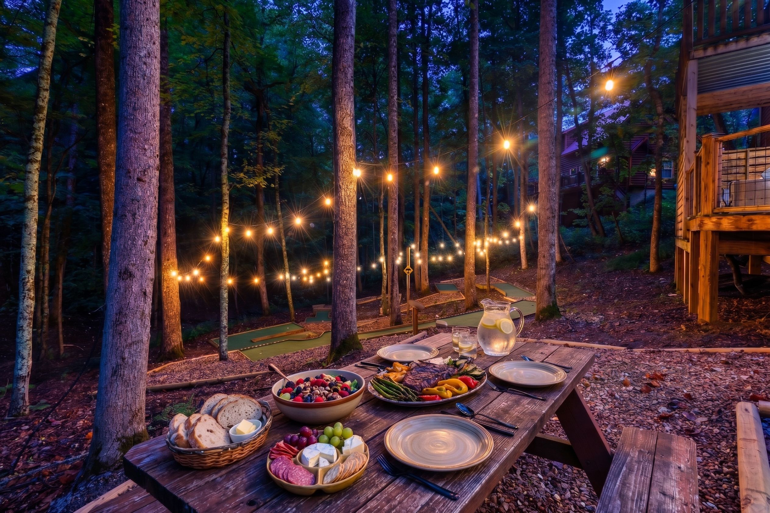 An outdoor dining area with a picnic table set with food and drinks, surrounded by trees and string lights.