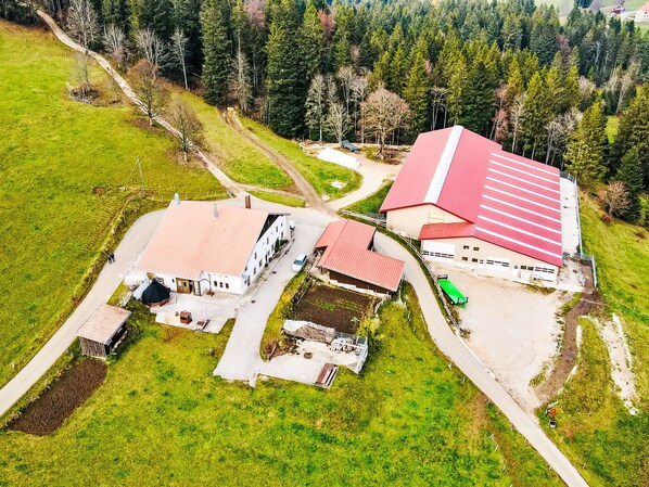 An aerial view of a farm with multiple buildings, including a large barn with a red roof, surrounded by green fields and trees. - La ferme du sommet de Pouillerel by Interhome (La Chaux-de-Fonds)
