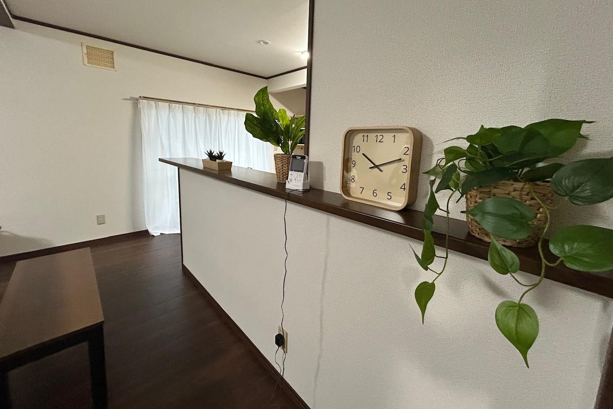 Un espace d’accueil avec un comptoir en bois, une horloge murale et des plantes en pot.