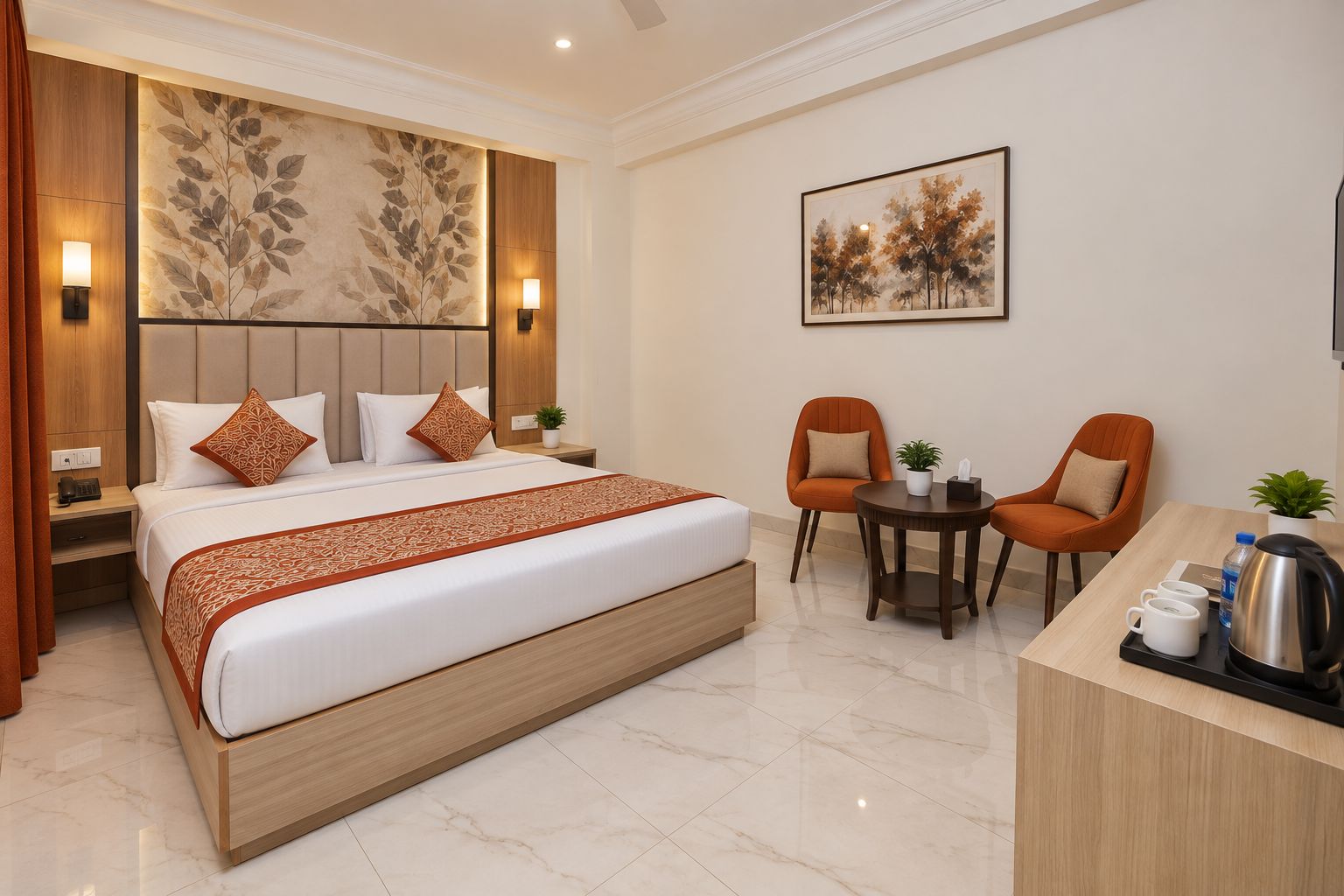 A hotel room with a large bed, two chairs, a small table, and a desk with a coffee maker.