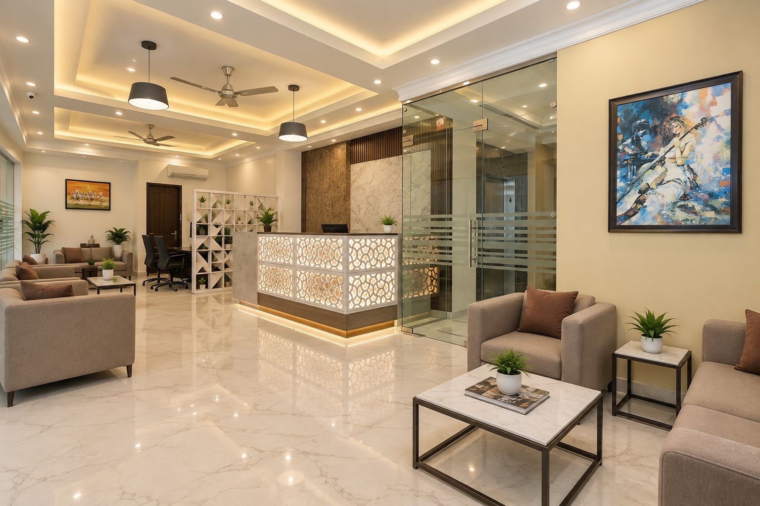 A modern lobby with a reception desk, seating area, and a glass partition.