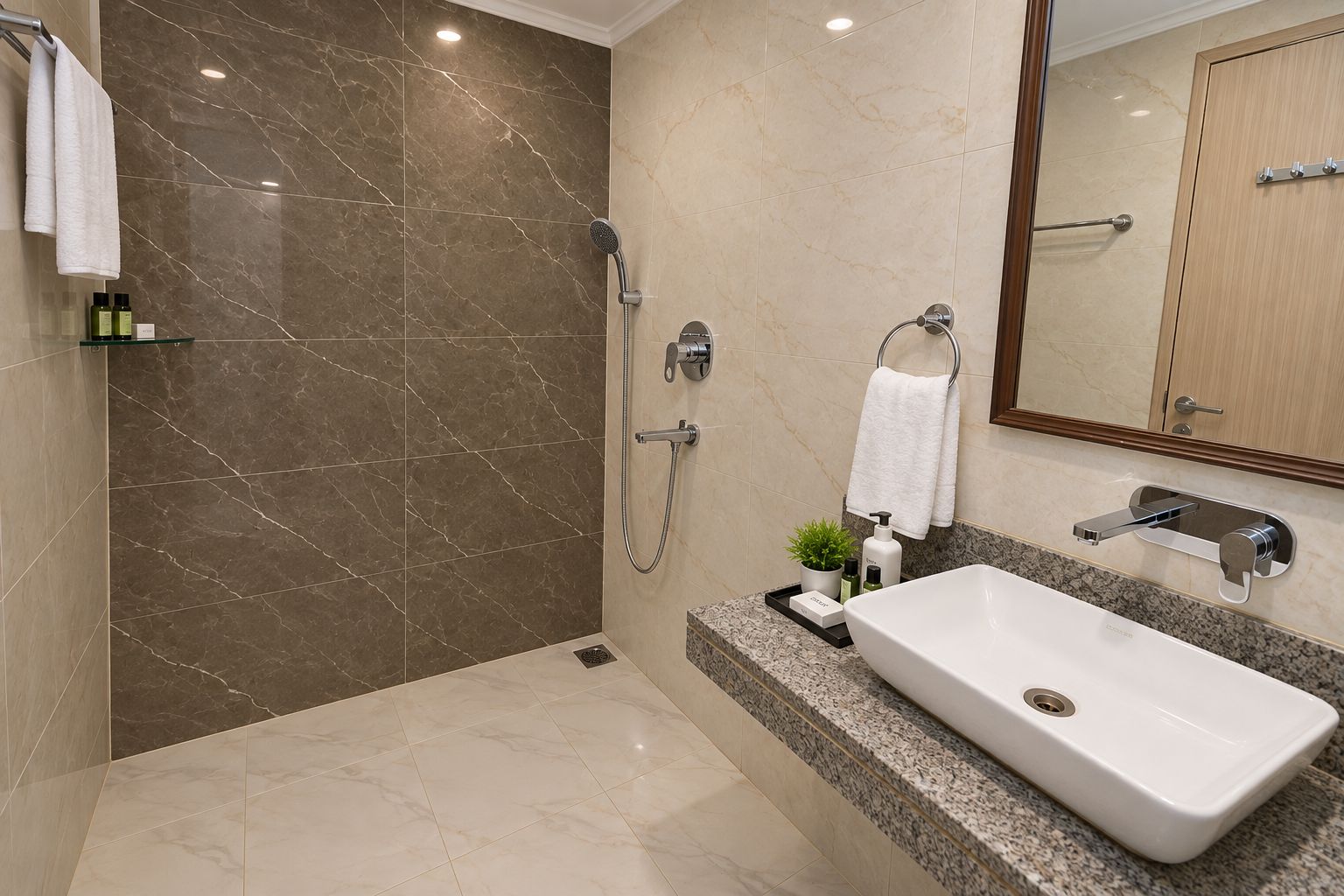 A modern bathroom with a marble shower, a white sink, and a mirror.