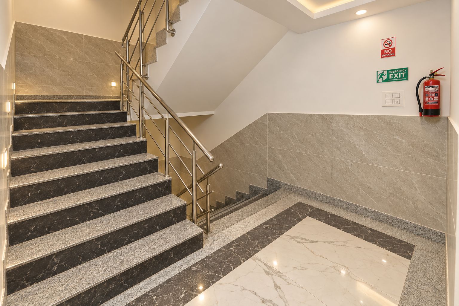 A staircase with marble steps and metal railings, leading to a landing with a fire extinguisher and an emergency exit sign.