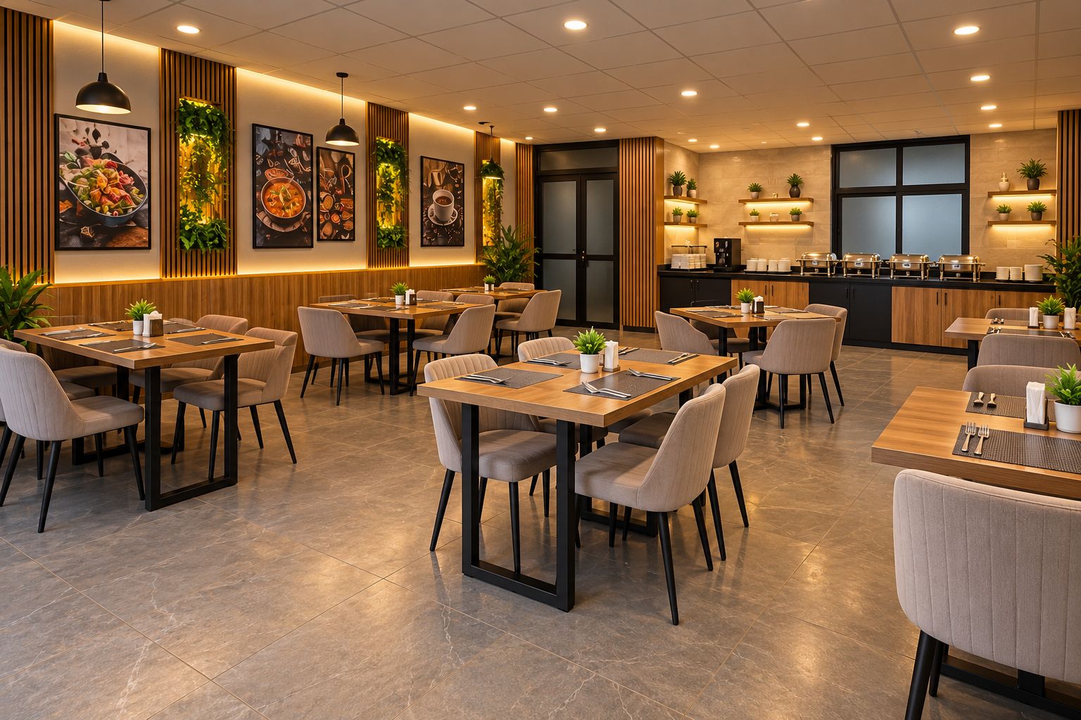 A modern restaurant with multiple dining tables and chairs, a kitchen area, and decorative wall art.