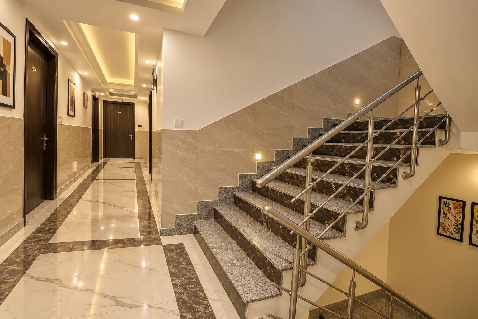 A modern hotel interior with a marble-floored hallway, a staircase with metal railings, and framed artwork on the walls.