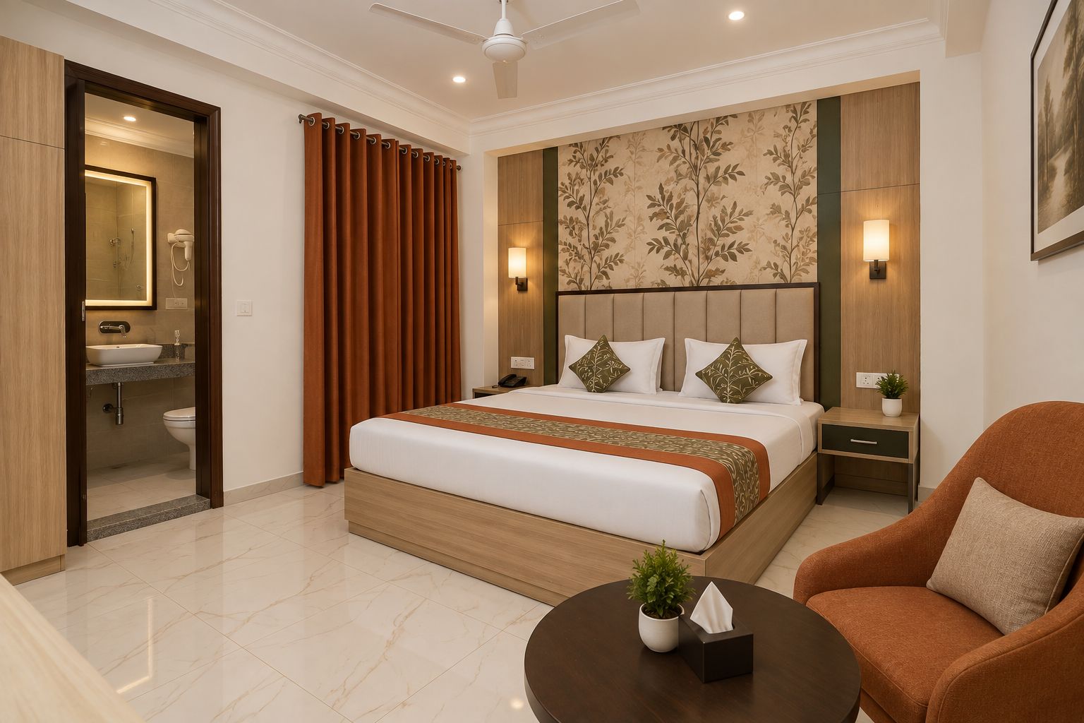 A hotel room with a bed, a bedside table, a chair, a small table with a plant, and a bathroom visible through an open door.