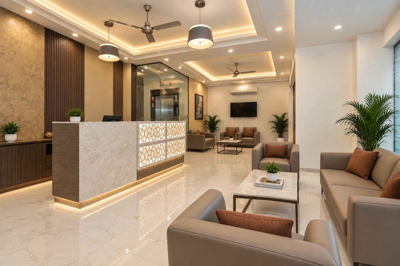 A modern hotel lobby with a reception desk, seating area, ceiling fans, and a flat-screen TV.